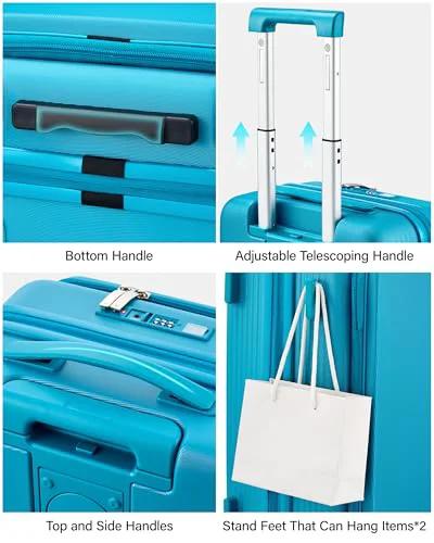 Caribbean Blue expandable carry-on roller suitcase with handles and telescoping features.
