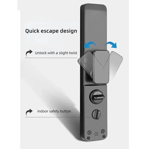 Full Automatic Smart Fingerprint Door Lock With App Remote Unlock Digital Password Zinc Alloy Build showing quick escape design with twist unlock mechanism.