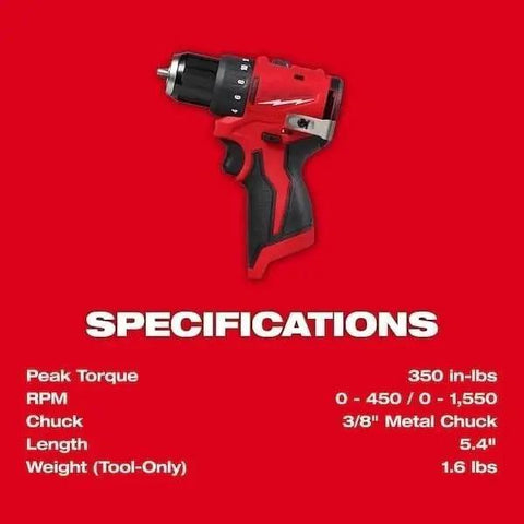 3 8 Inch M12 12v Cordless Brushless Drill And Driver Bare Tool With All Metal Keyless Chuck Variable Speed Trigger And Lightweight Compact Frame on red background with specs.