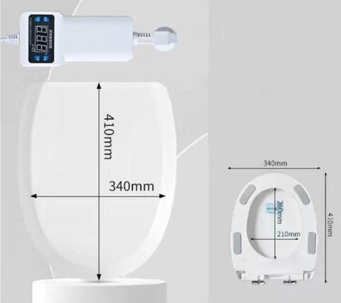 Slick Soft Close Heated Toilet Seat Featuring A Bright Digital Display And Precise Temperature Control For Ultimate Bath Chill and Frugal Energy Savings All Day Long with measurements shown.