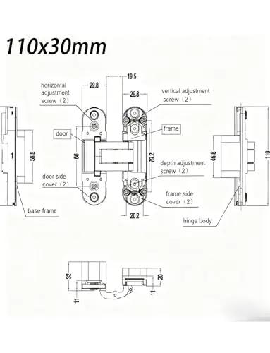 Smooth Operator 180 Degree Concealed Door Hinge Single Pack Heavy Duty Silent Design With Slick Silver Finish And No Hassle Multi Direction Adjustments Top Shelf Hidden Hardware Easy Diy Install Guaranteed technical illustration with measurements.