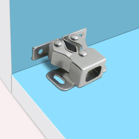 Eight Steel Double Roller Ball Latches for Cabinet Doors installed on blue cabinet edge