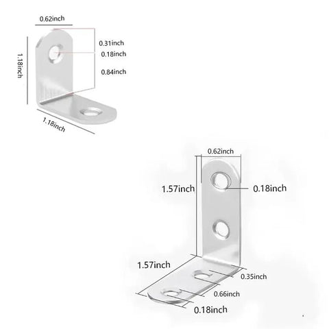 Hella Tough Stainless Steel Corner Brackets With Screws Heavy Duty L Shaped Metal Joint Plates For Cabinets And DIY Woodworking Builds, dimensions shown.
