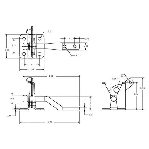 Heavy Duty Automatic Gate Latch That Auto Locks Like A Champ Securely Fits Wood Or Metal Fences Rock Solid Build Super Easy Install Kit For Backyard Security technical drawing with dimensions.