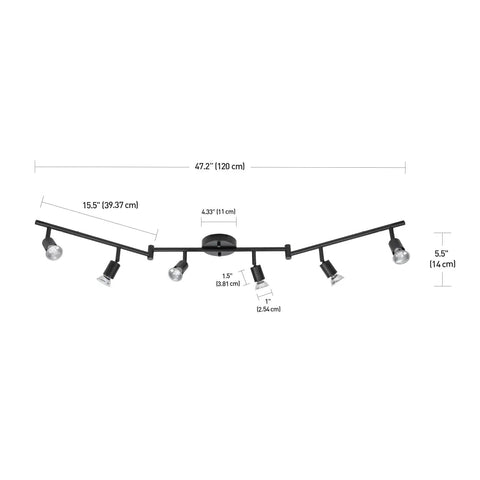 Six Light Foldable Track Lighting Kit With Adjustable Heads And Bendable Arms In Matte Black Finish with dimensions shown