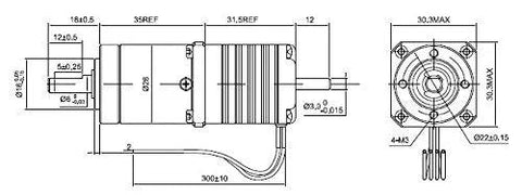 Side and front views of STEPPERONLINE 27:1 planetary gearbox Nema 11 dual-shaft geared stepper motor with cable