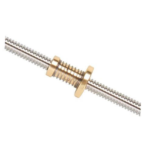Close-up of Two Sets Printer Lead Screw Kit Beefy Stainless Steel Lead Screws with copper nut for stepper motors and CNC machines.