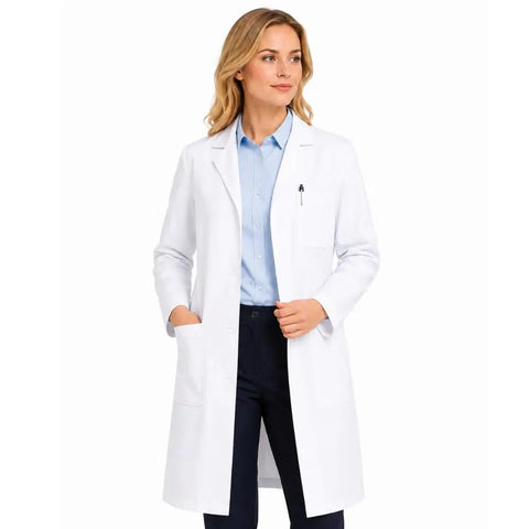 Top Shelf White Medical Lab Coat Featuring Roomy Side Pockets And Tailored Womens Cut Unisex Doctor Uniform For Nurses Dentists And Clinicians Built For The Daily Grind on a model.