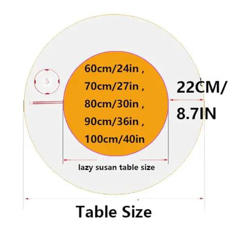 Rugged Wooden Lazy Susan Turntable Featuring Smooth 360 Spin For Dining Tables And Kitchen Counters size dimensions chart with 24 to 40 inch options