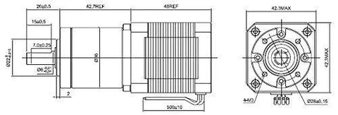NEMA 17 stepper motor with 100:1 planetary gearbox, side and front views showing shaft and mounting flange