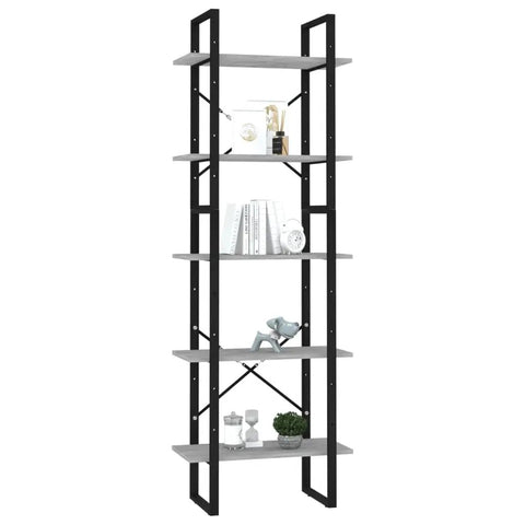 Tall 5-Tier Industrial Bookcase With Metal Frame And Grey Engineered Wood, Open Shelves, shown decorated with books and ornaments.