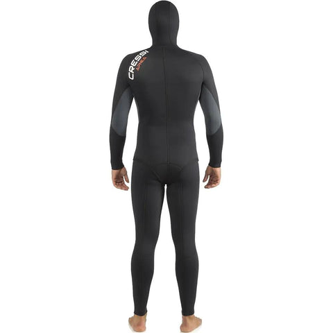 Back view of 5mm Full Two-Piece Wetsuit for Spearfishing and Freediving in Black, XL, showing anatomical cuts and flexible fit.