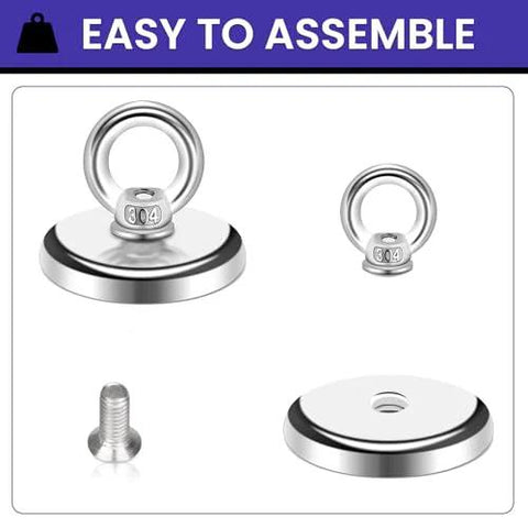Front view of two MIKEDE neodymium fishing magnets with eyebolts and base plates, 1.26 inch diameter
