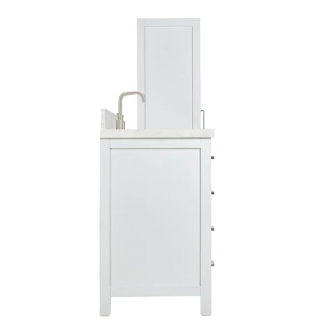 Top Notch 68 Inch Bathroom Vanity Set Packs 48 Inch Single Sink Base And 20 Inch Linen Cabinet side view showing solid wood and quartz top.