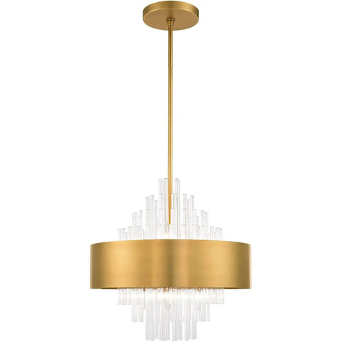Absolute Flex Eight Light Natural Brass Pendant Chandelier With Sculpted Drum Shade And Dazzling Clear Crystal Rods For Upscale Living Areas That Turn Heads On A Dime, featuring a natural brass finish and glass rod accents.