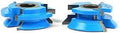 Carbide Tipped Three Wing V Paneling Shaper Cutters For Woodworking Two And Three Quarters Inch Diameter Forty Five Degree V Groove Bore Options Half Inch And Three Quarter Inch Two Piece Set, showing blue cutter details
