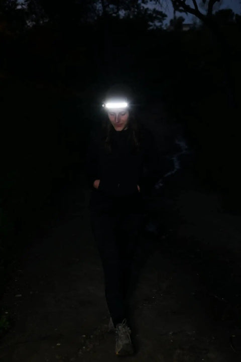 Person wearing Ultra Bright 5 Mode LED Headlamp for Adults with USB Rechargeable Battery, 8 Hour Run Time in the dark.