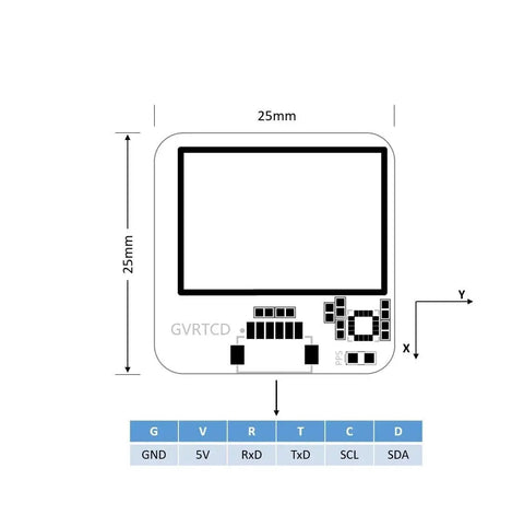 Diagram of GPS GNSS 25mm Module With Compass QMC5883L for drones and robotics, showing dimensions and connectors.