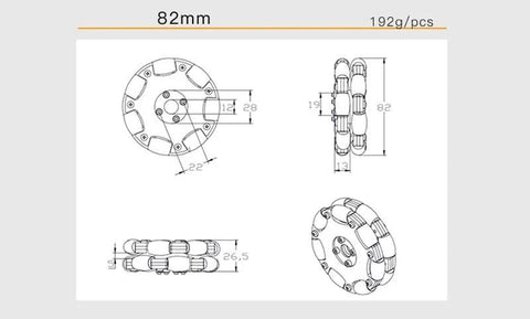 Detailed schematic of 82mm omni directional wheel set for robots, showcasing dimensions and construction for 360-degree mobility.