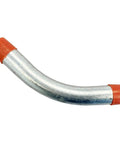 Tough as Nails 3 Inch 45 Degree Galvanized Rigid Conduit Elbow Featuring a 36 Inch Sweep Radius for Flawless Bends and Reliable Connections in Commercial Electrical Projects 2 Pack - curved metal elbow with orange fittings.