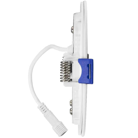 Side view of 12 Pack 4 Inch Ultra Thin Recessed Led Downlights With 5 Color Temperature Selectable 2700K Through 5000K 750 Lumens Per Light Slim Canless IC Rated Dimmable Ceiling Light With J Box showing spring mechanism and connector.