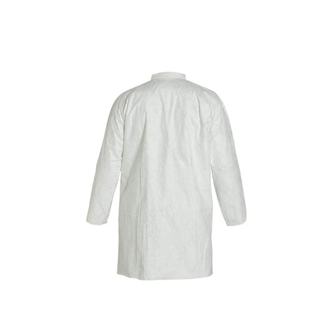 Back view of Tyvek 400 Disposable Lab Coat With Open Cuff Hood White Large 30 Pack, showing full-length design and secure fit
