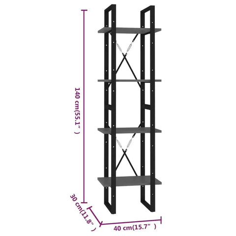 4 Tier Book Cabinet in Gray Built From Engineered Wood Tall Bookshelf With 4 Shelves For Books And Magazines Industrial Style Bookstand