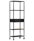 Front view of Rough Mango Wood And Iron Four Shelf Bookcase With Drawer Tall 70.9 Inch Industrial Farmhouse Style Storage