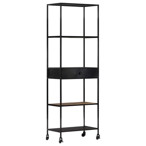 Front view of Rough Mango Wood And Iron Four Shelf Bookcase With Drawer Tall 70.9 Inch Industrial Farmhouse Style Storage