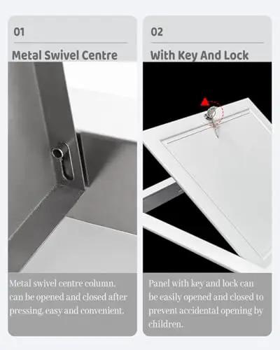 Rock Solid Locking Drywall Access Hatch With Galvanized Aluminum Build For Hvac Pipe And Electrical Run No Sweat Setup For Exterior Walls Attic Garage Or Kitchen Maintenance Zone with metal swivel center and key lock mechanism.
