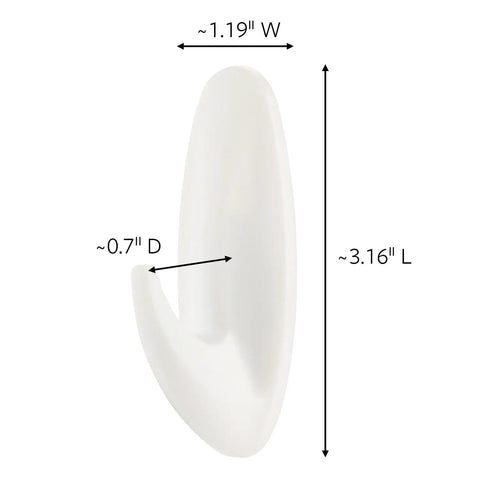 Single white hook from Damage Free Wall Hooks Set With Strips, Includes 6 Hooks And 12 Medium Adhesive Strips, dimensions in inches shown.