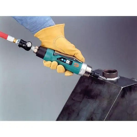 Badass One Horsepower Straight Line Air Die Grinder Pumping Twenty Thousand Rpm With Gearless Motor in use on metal surface.