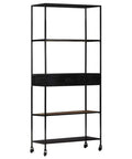 Rough Mango Wood Book Cabinet With Iron Frame Built Tough As Nails Industrial Farmhouse Storage Unit Measuring 31.5X13.8X70.9 Inches Four Shelves And One Drawer For Books Magazines DVDs And More, side view with simple iron frame.
