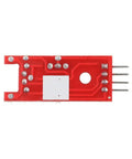 Bottom view of a red linear Hall effect sensor module with analog output and pin connectors for magnetic field detection.