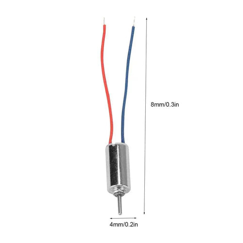 Five Pack Coreless Micro DC Motors Set With High Speed 32250 RPM Tiny 4mm Diameter 4.5V 0.12A 0.12W Ideal For Model Aircraft Tiny Toys Vibration Devices Electronic Projects, single motor detail with wires.