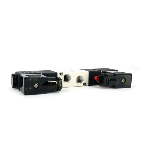 DC12V 4V330C-10 Solenoid Valve, 5/3 Way Pneumatic, aluminum body, internal pilot, 3/8 inch PT threads, side view