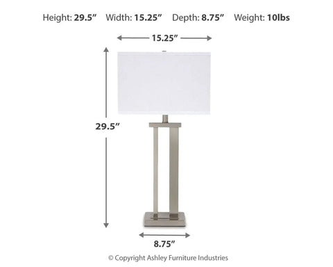 Aniela Minimalist Table Lamp Set of 2 in Silver Finish, 29.5 Inch Tall with Rectangular Shade, front view with dimensions