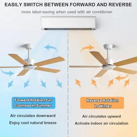 Slick Black Indoor Ceiling Fan Forty Six Inch Model With Remote Controlled Operation showing forward and reverse airflow directions.