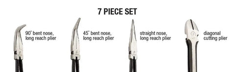 7 Piece Long Reach Pliers Set With Non Slip Comfort Grips And Red Handles For Grabbing In Tight Spots And Reaching Hidden Angles In The Garage Or Home Built Tough With Durable Steel, includes bent nose and diagonal cutting pliers variations.