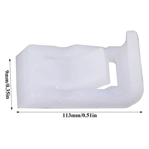 Side view of a durable plastic 90-degree hinge clip with dimensions for concealed cabinet doors, snap-in design, soft close hardware.