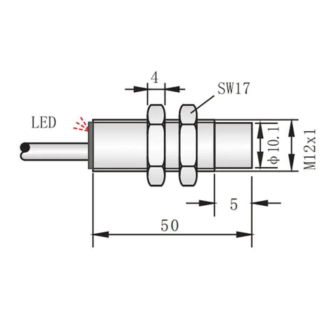 Technical drawing of Built Tough M12 Inductive Proximity Sensor Switch No IP67 Waterproof, 4mm sensing distance, metal probe