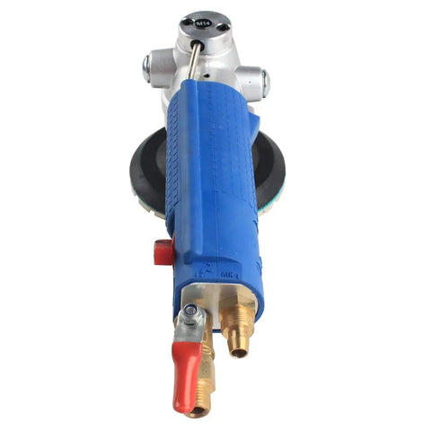Side Exhaust Granite Air Wet Polisher With Backup Pad For Excellent Stone Polishing Performance Low Vibration And Noise Makes Your Job A Total Breeze With Reversible Handle And Muffler Included Max Speed Four Thousand Five Hundred Rpm, showing nozzle and handle view.