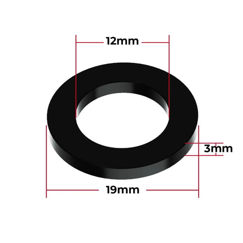 Flat Washer Spacers For 12mm Thru Axle Bicycle Hubs Aluminum 19mm Outer Diameter 12mm Bore 3mm Thick Set Of 4 For Wheel Conversion And Custom Builds Pro Grade Durable Aluminum Construction, black aluminum washer dimensions illustration