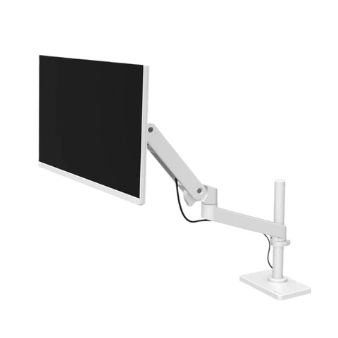 Legit Workspace Flex White High Pole Desktop Monitor Stand Featuring Smooth Robotic Lifting Arm with sleek design and adjustable height.
