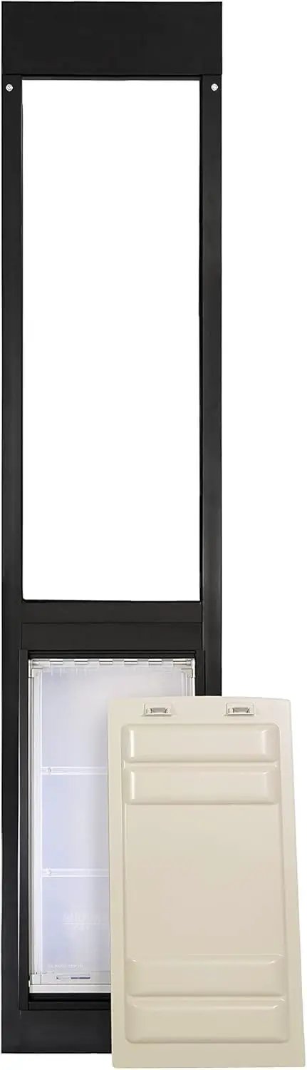 Heavy Duty Dual Pane Sliding Glass Door Pet Panel With Thick Insulated Flap For Brutal Weather, black frame with removable flap.