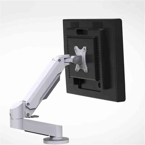 White dual monitor arm with adjustable height, supporting up to 25 kg, shown from the back with a monitor.