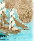Australian clipper model on map with CNC tool details, 1/16" diameter bit, 3mm MDF material, 50mm/sec feed rate, 12000 RPM.