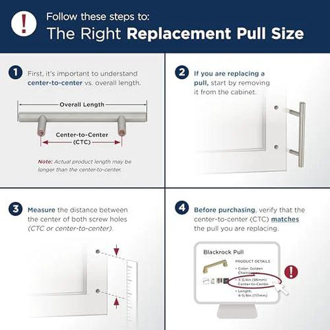 Instructional guide for selecting the right replacement pull size with diagram showing center-to-center and overall length measurement tips.