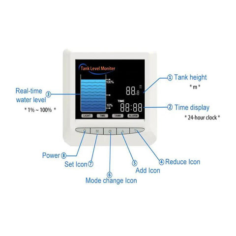 Wireless Ultrasonic Level Monitor With LCD Display For Home Use Real Time Remote Tank Level Check close-up, buttons and screen interface