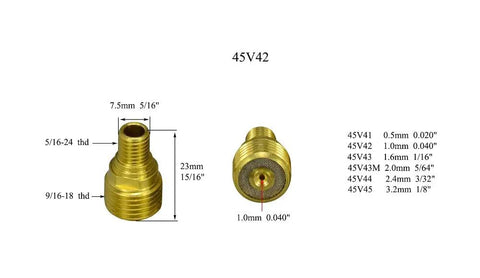 Extensive TIG Gas Lens Collet Bodies Kit showing brass nozzle dimensions, 45V42 model for SR WP Series Weld Torch, 1.0mm hole size.